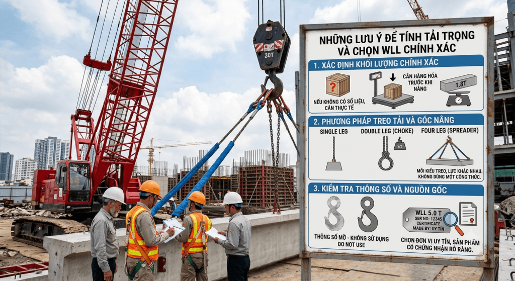 những lưu ý trong  cách tính tải trọng móc cẩu và lựa chọn wll chính xác