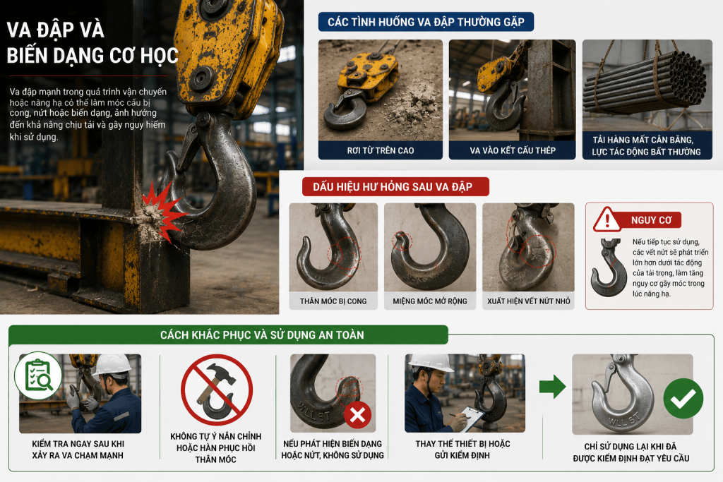 va đập biến dạng cơ học là nguyên nhân gây hư hỏng móc cẩu