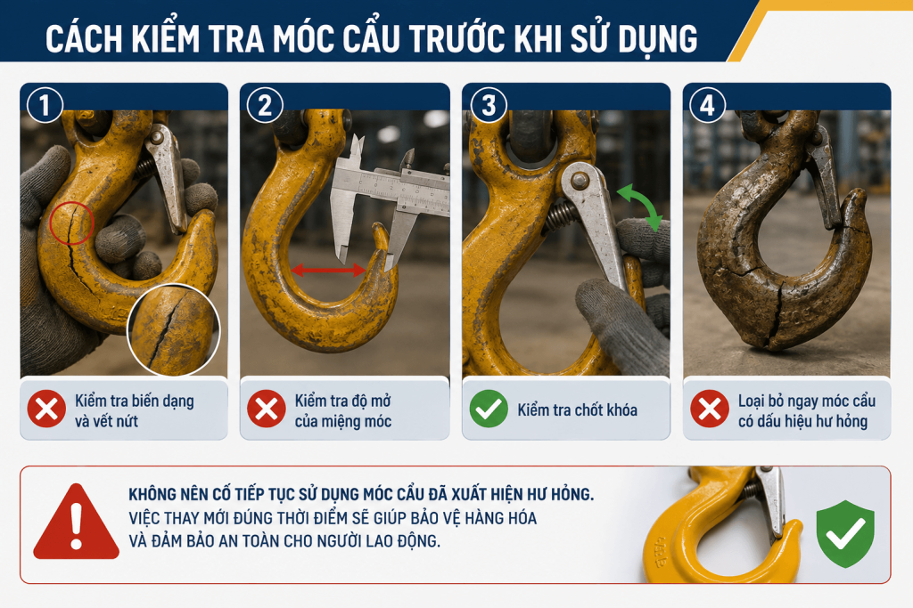 cách kiểm tra móc cẩu trước khi sử dụng