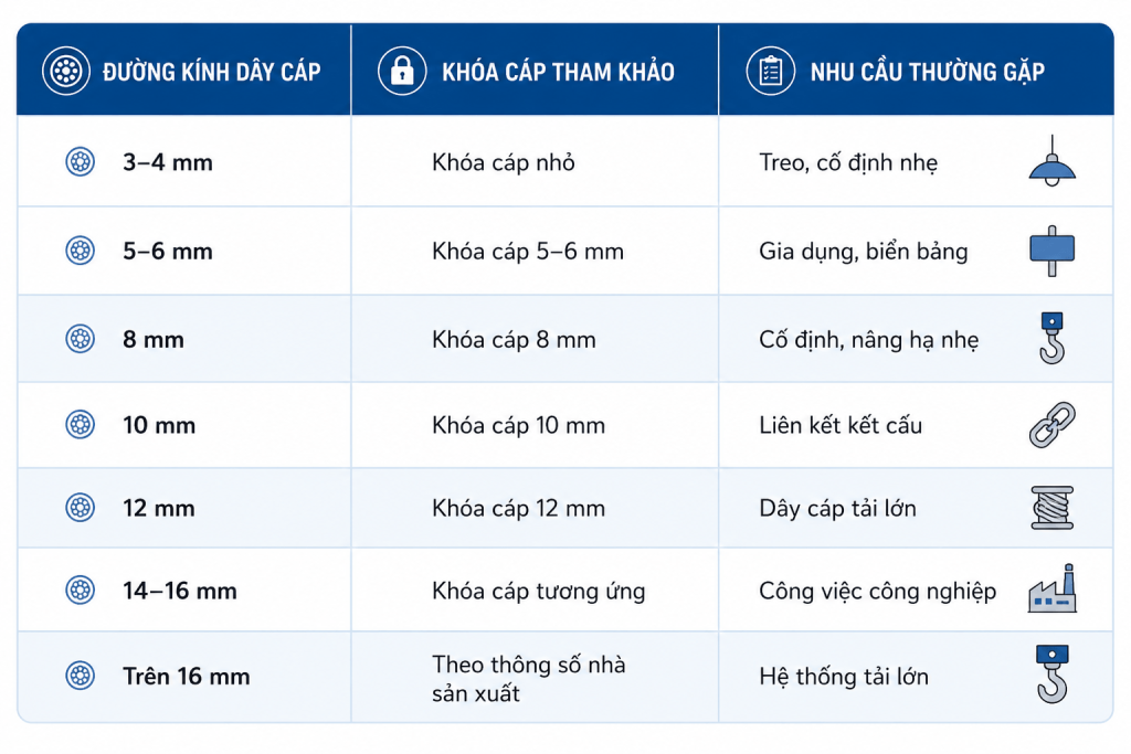 Bảng chọn khóa cáp theo đường kính dây